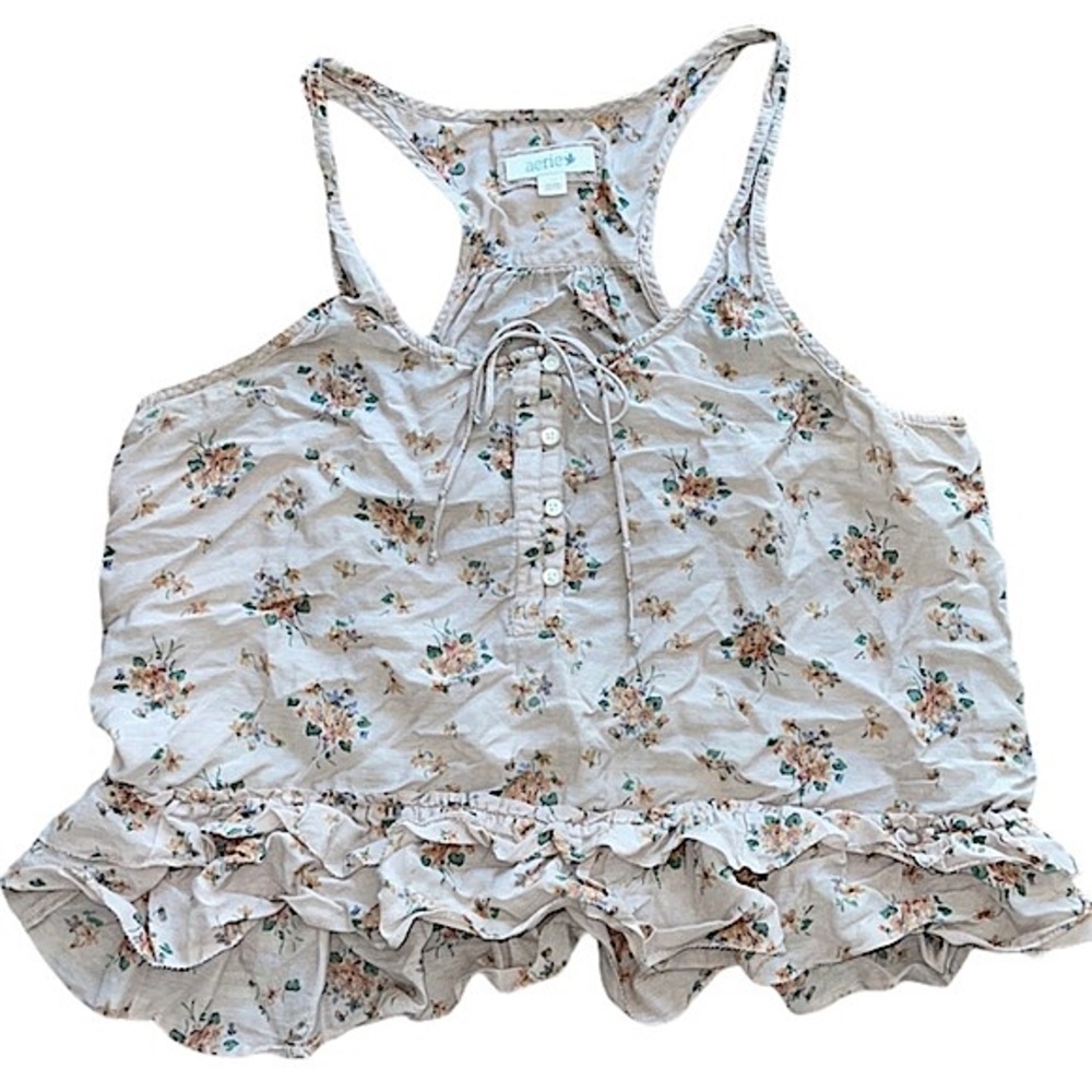 Aerie Taupe Floral Print Ruffle Racerback Top